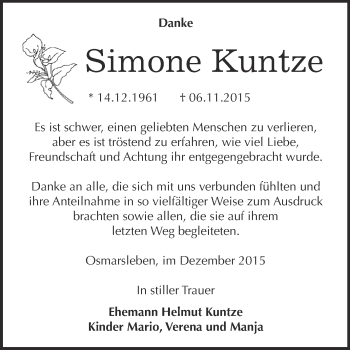 Traueranzeige von Simone Kuntze von Super Sonntag Bernburg