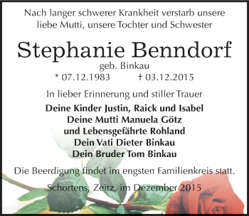 Traueranzeige von Stephanie Benndorf von Mitteldeutsche Zeitung Zeitz