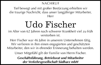 Traueranzeige von Udo Fischer von Mitteldeutsche Zeitung Sangerhausen