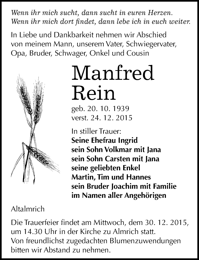  Traueranzeige für Manfred Rein vom 29.12.2015 aus Mitteldeutsche Zeitung Naumburg/Nebra
