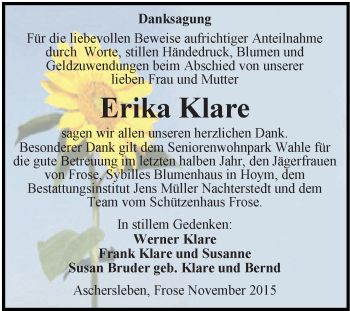 Traueranzeige von Erika Klare von Super Sonntag Aschersleben