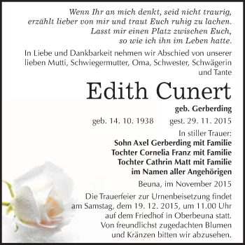 Traueranzeige von Edith Cunert von WVG - Wochenspiegel Merseburg