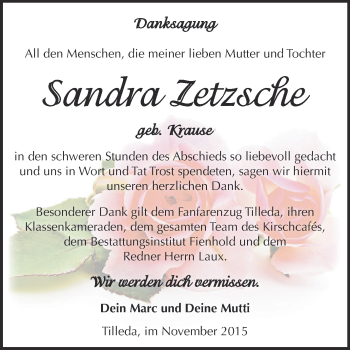 Traueranzeige von Sandra Zetzsche von Super Sonntag SGH Mansf. Land