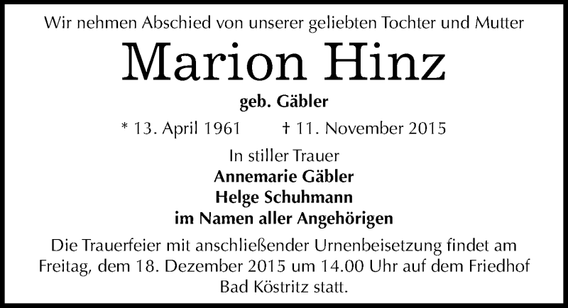  Traueranzeige für Marion Hinz vom 05.12.2015 aus Mitteldeutsche Zeitung Halle/Saalkreis