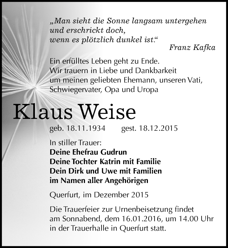  Traueranzeige für Klaus Weise vom 23.12.2015 aus Mitteldeutsche Zeitung