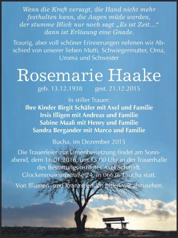 Traueranzeige von Rosemarie Haake von WVG - Wochenspiegel NMB / WSF / ZTZ