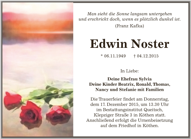  Traueranzeige für Edwin Noster vom 12.12.2015 aus WVG - Wochenspiegel Dessau / Köthen