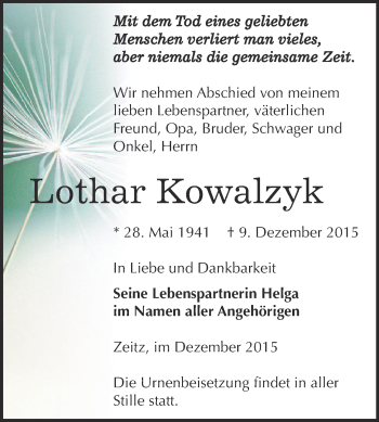 Traueranzeige von Lothar Kowalzyk von Super Sonntag Zeitz