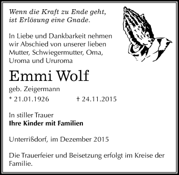 Traueranzeige von Emmi Wolf von Mitteldeutsche Zeitung Mansfelder Land