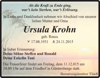 Traueranzeige von Ursula Krohn von Super Sonntag Quedlinburg