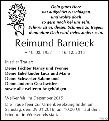 Traueranzeige von Reimund Barnieck von WVG - Wochenspiegel NMB / WSF / ZTZ