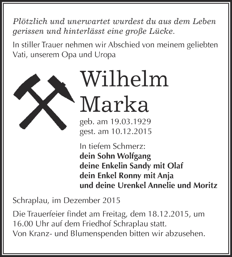  Traueranzeige für Wilhelm Marka vom 16.12.2015 aus WVG - Wochenspiegel Merseburg