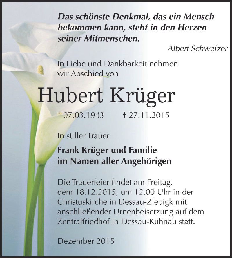  Traueranzeige für Hubert Krüger vom 05.12.2015 aus WVG - Wochenspiegel Dessau / Köthen