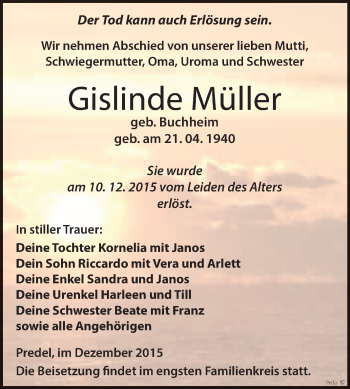 Traueranzeige von Gislinde Müller von WVG - Wochenspiegel NMB / WSF / ZTZ