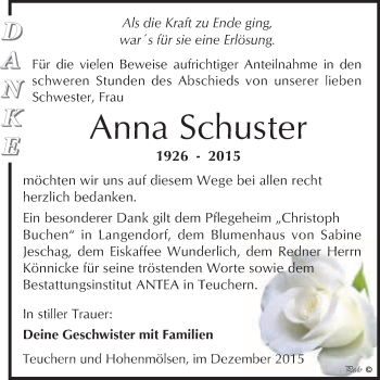 Traueranzeige von Anna Schuster von WVG - Wochenspiegel NMB / WSF / ZTZ