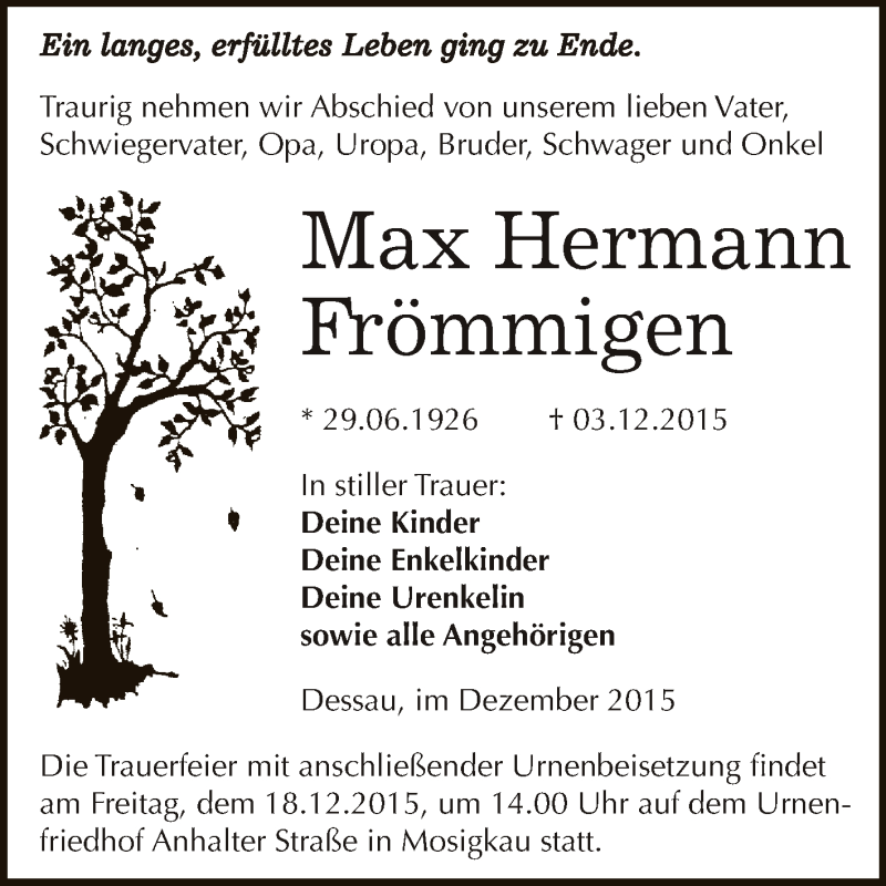  Traueranzeige für Max Hermann Frömmigen vom 12.12.2015 aus WVG - Wochenspiegel Dessau / Köthen