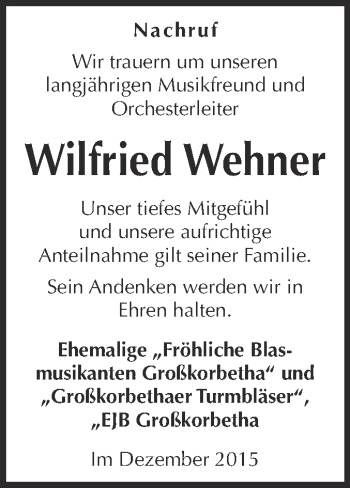 Traueranzeige von Wilfried Wehner von Super Sonntag Merseburg
