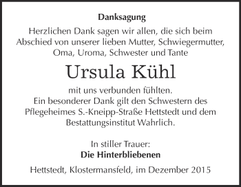 Traueranzeige von Ursula Kühl von Wochenspiegel Mansfelder Land