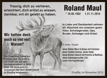 Traueranzeige von Roland Maul von Super Sonntag Zeitz