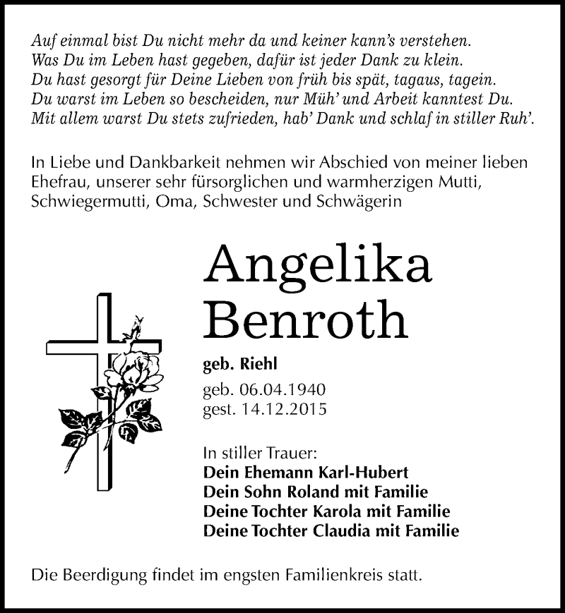  Traueranzeige für Angelika Benroth vom 19.12.2015 aus Mitteldeutsche Zeitung Halle/Saalkreis