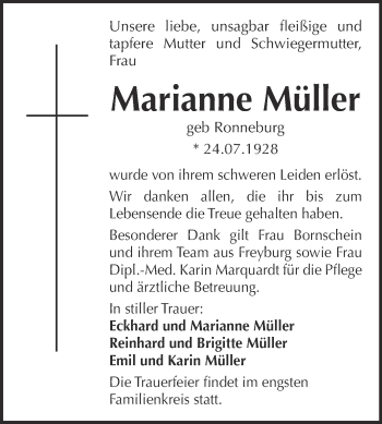 Traueranzeige von Marianne Müller von WVG - Wochenspiegel NMB / WSF / ZTZ