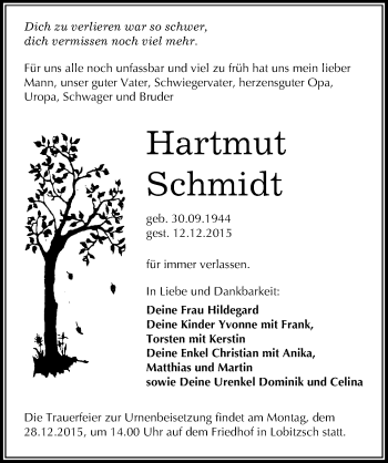 Traueranzeige von Hartmut Schmidt von Mitteldeutsche Zeitung Weißenfels