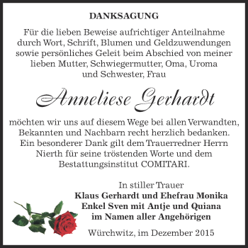 Traueranzeige von Anneliese Gerhardt von Super Sonntag Zeitz