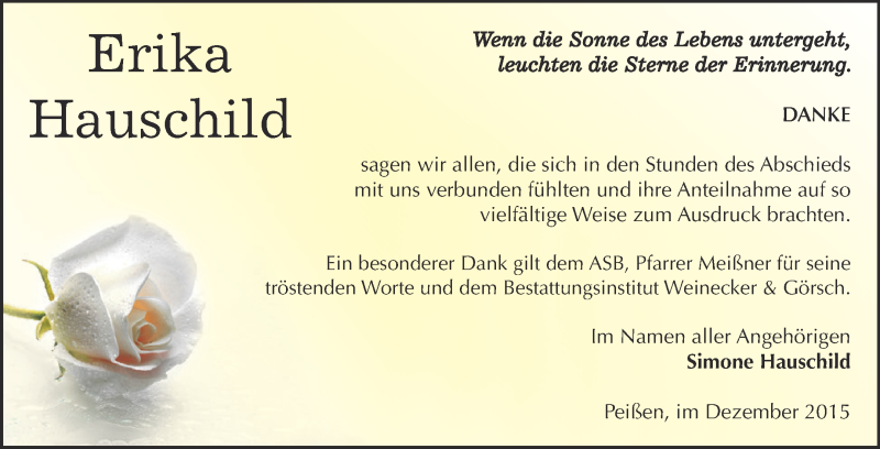  Traueranzeige für Erika Hauschild vom 12.12.2015 aus Super Sonntag Bernburg