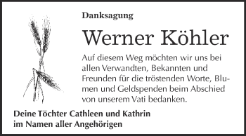 Traueranzeige von Werner Köhler von Super Sonntag Merseburg