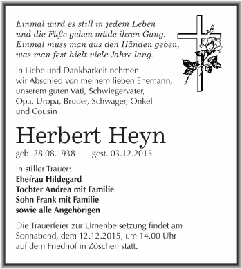 Traueranzeige von Herbert Heyn von WVG - Wochenspiegel Merseburg