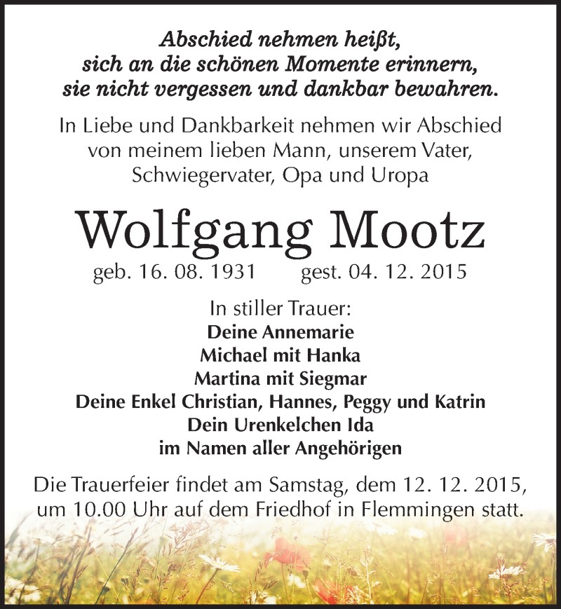  Traueranzeige für Wolfgang Mootz vom 08.12.2015 aus Mitteldeutsche Zeitung Naumburg/Nebra