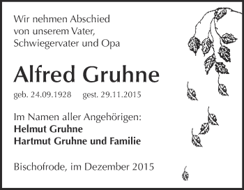 Traueranzeige von Alfred Gruhne von Wochenspiegel Mansfelder Land