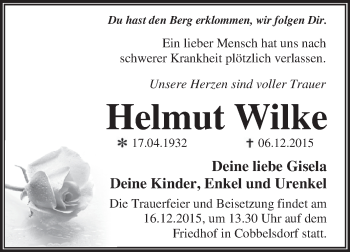 Traueranzeige von Helmut Wilke von WVG - Wochenspiegel Dessau / Köthen