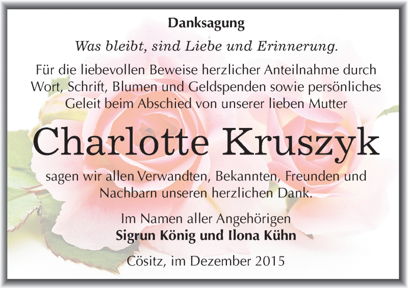  Traueranzeige für Charlotte Kruszyk vom 30.12.2015 aus Mitteldeutsche Zeitung Bitterfeld