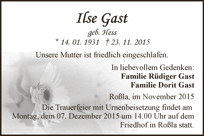  Traueranzeige für Ilse Gast vom 02.12.2015 aus WVG - Wochenspiegel SGH