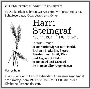 Traueranzeige von Harri Steingraf von Mitteldeutsche Zeitung Naumburg/Nebra