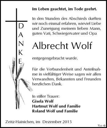 Traueranzeige von Albrecht Wolf von Mitteldeutsche Zeitung Zeitz