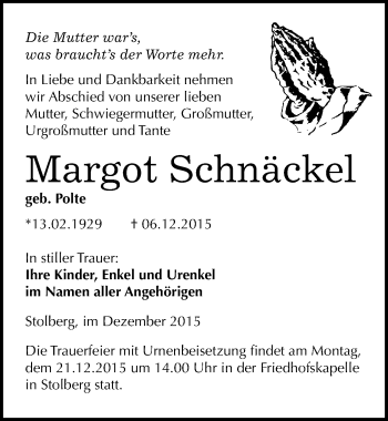 Traueranzeige von Margot Schnäckel von Mitteldeutsche Zeitung Sangerhausen