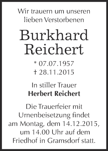 Traueranzeige von Burkhard Reichert von Super Sonntag Bernburg