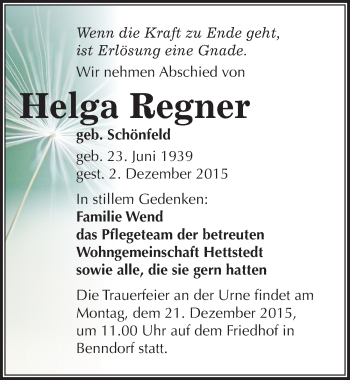 Traueranzeige von Helga Regner von Mitteldeutsche Zeitung Mansfelder Land