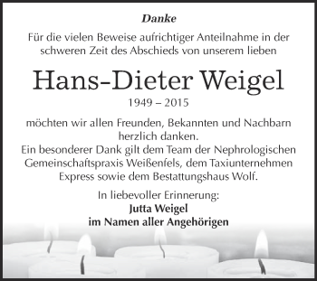 Traueranzeige von Hans-Dieter Weigel von WVG - Wochenspiegel NMB / WSF / ZTZ