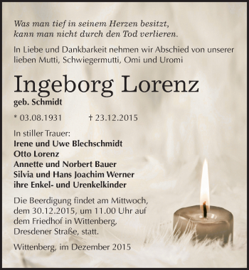 Traueranzeige von Ingeborg Lorenz von Mitteldeutsche Zeitung Wittenberg