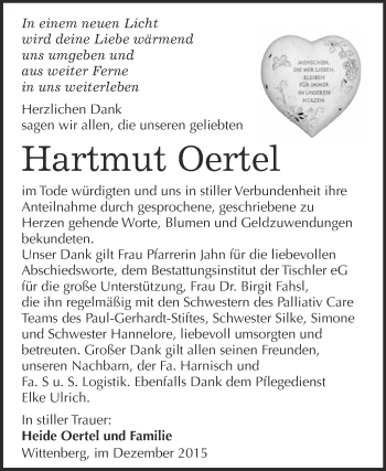 Traueranzeige von Hartmut Oertel von WVG - Wochenspiegel Wittenberg