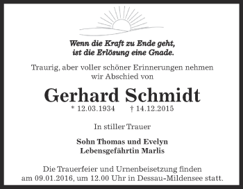 Traueranzeige von Gerhard Schmidt von WVG - Wochenspiegel Dessau / Köthen