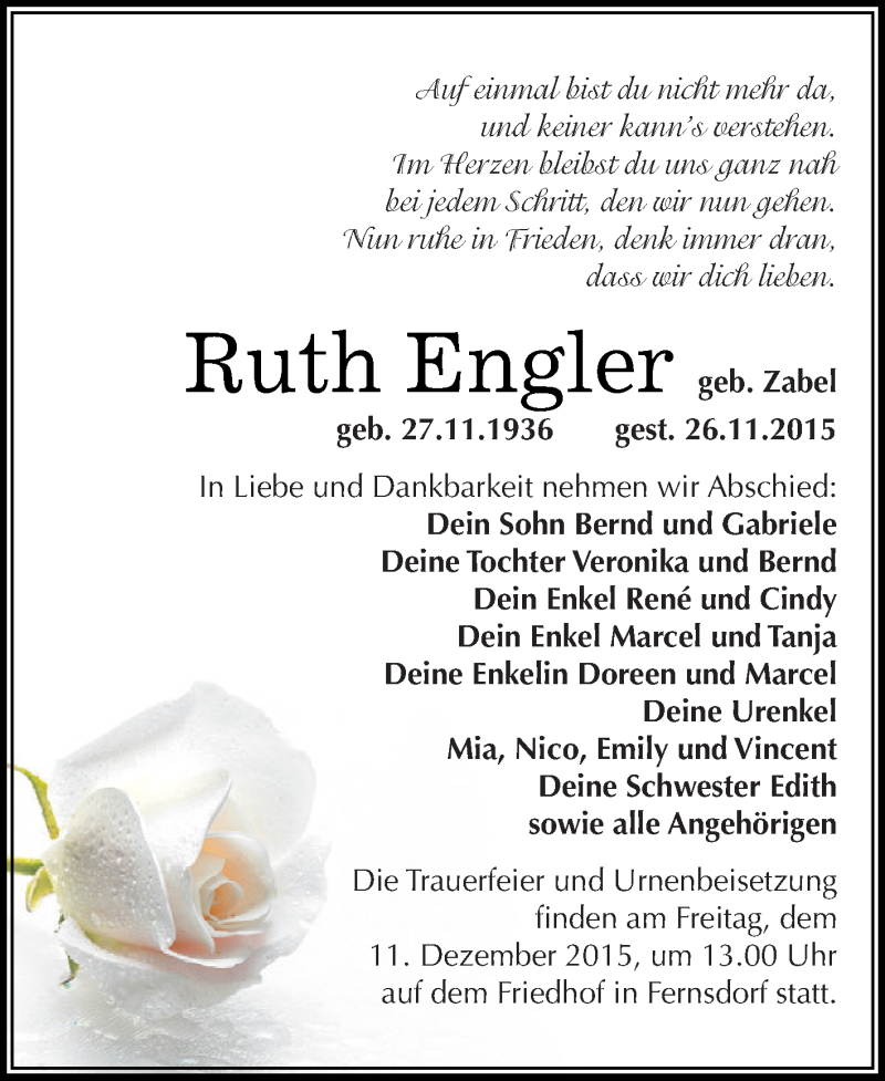  Traueranzeige für Ruth Engler vom 05.12.2015 aus WVG - Wochenspiegel Dessau / Köthen