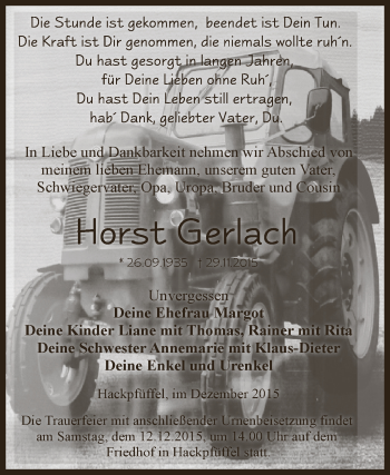 Traueranzeige von Horst Gerlach von Super Sonntag SGH Mansf. Land