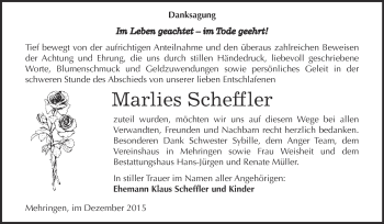 Traueranzeige von Marlies Scheffler von Super Sonntag Aschersleben