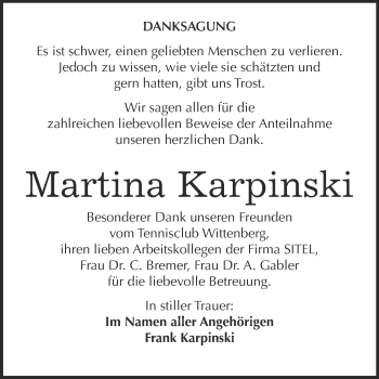 Traueranzeige von Martina Karpinski von Super Sonntag Wittenberg