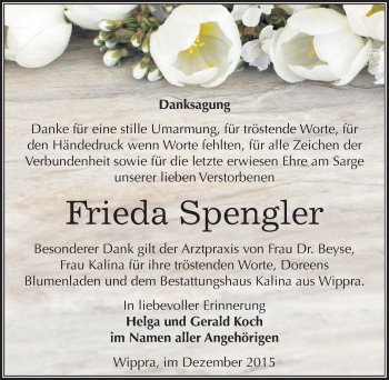 Traueranzeige von Frieda Spengler von Mitteldeutsche Zeitung Mansfelder Land