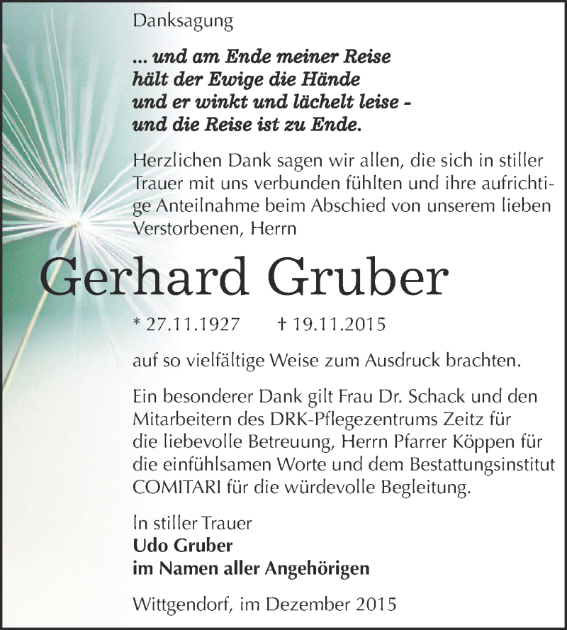  Traueranzeige für Gerhard Gruber vom 12.12.2015 aus Super Sonntag Zeitz